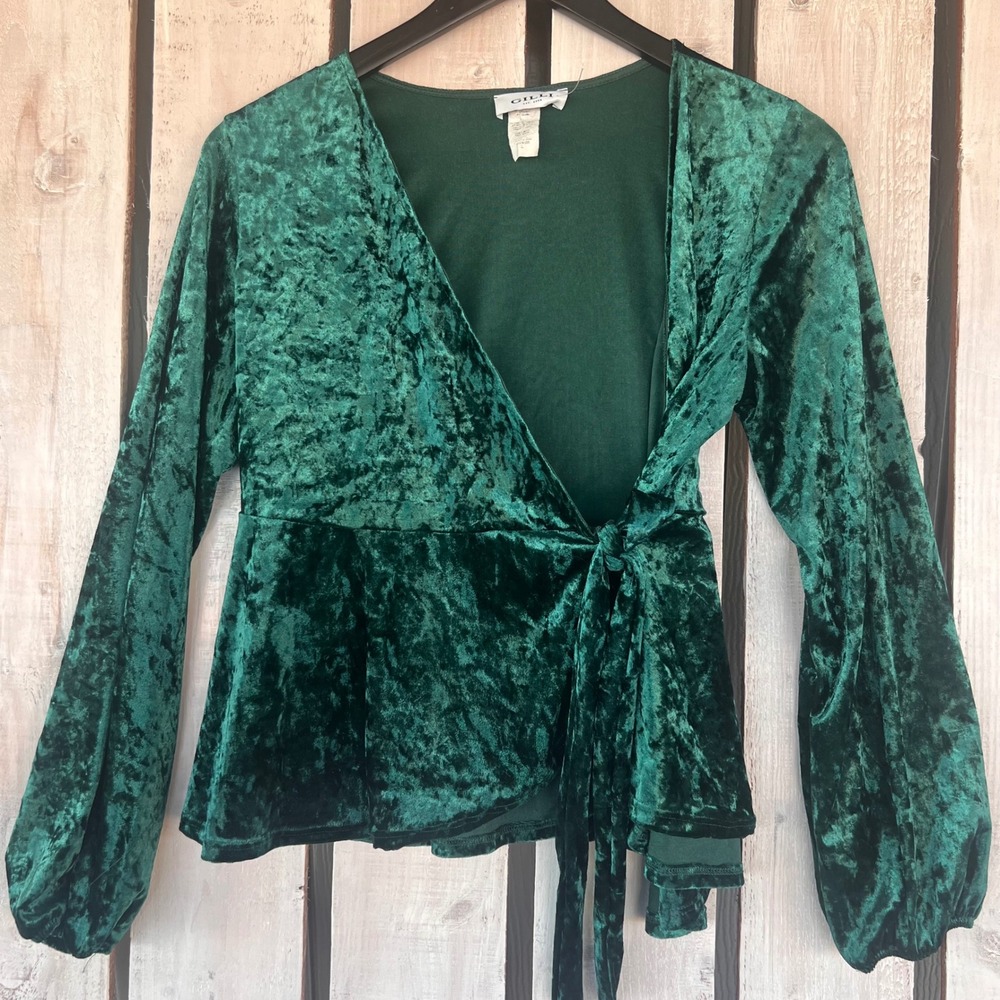 Gilli Wrap Top Women Large Green Good Crushed Velvet Peplum Balloon Sleeve N3225